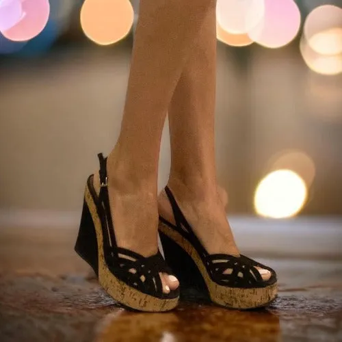 ALAIA Black Suede Strappy Peep Toe Cork Platform Wedge Sandals, Size 37.5