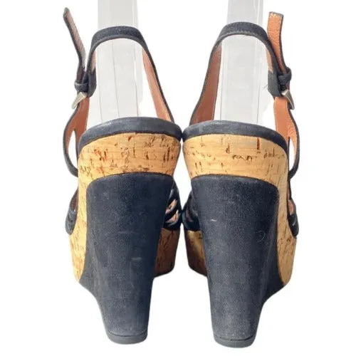 ALAIA Black Suede Strappy Peep Toe Cork Platform Wedge Sandals, Size 37.5