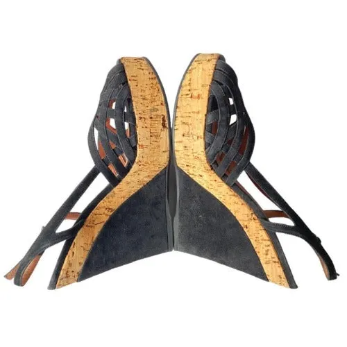 ALAIA Black Suede Strappy Peep Toe Cork Platform Wedge Sandals, Size 37.5