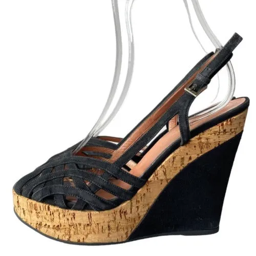 ALAIA Black Suede Strappy Peep Toe Cork Platform Wedge Sandals, Size 37.5