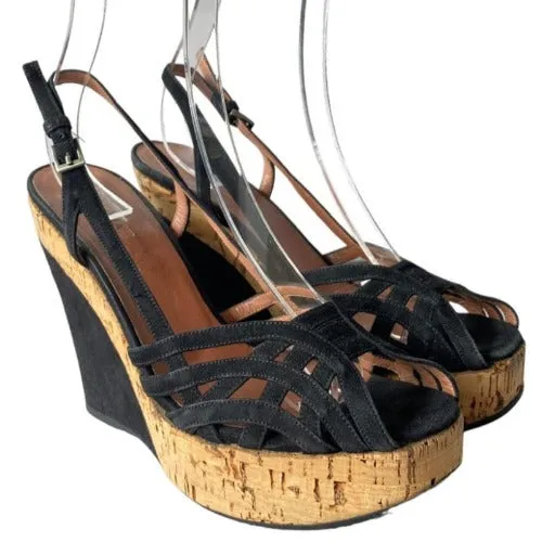 ALAIA Black Suede Strappy Peep Toe Cork Platform Wedge Sandals, Size 37.5