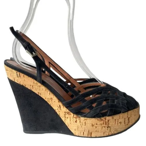 ALAIA Black Suede Strappy Peep Toe Cork Platform Wedge Sandals, Size 37.5