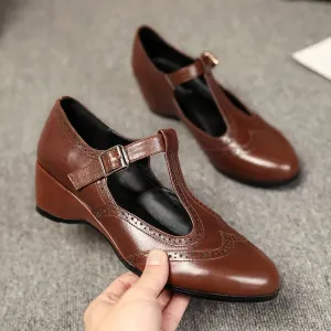 binfenxie  -  PU Leather Wedges Shoes for Women 2024High Heels Pointed Toe Elegant Female Shoes T Strap Casual Ladies Shoes on Offer New