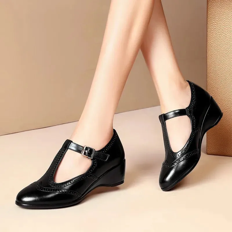binfenxie  -  PU Leather Wedges Shoes for Women 2024High Heels Pointed Toe Elegant Female Shoes T Strap Casual Ladies Shoes on Offer New