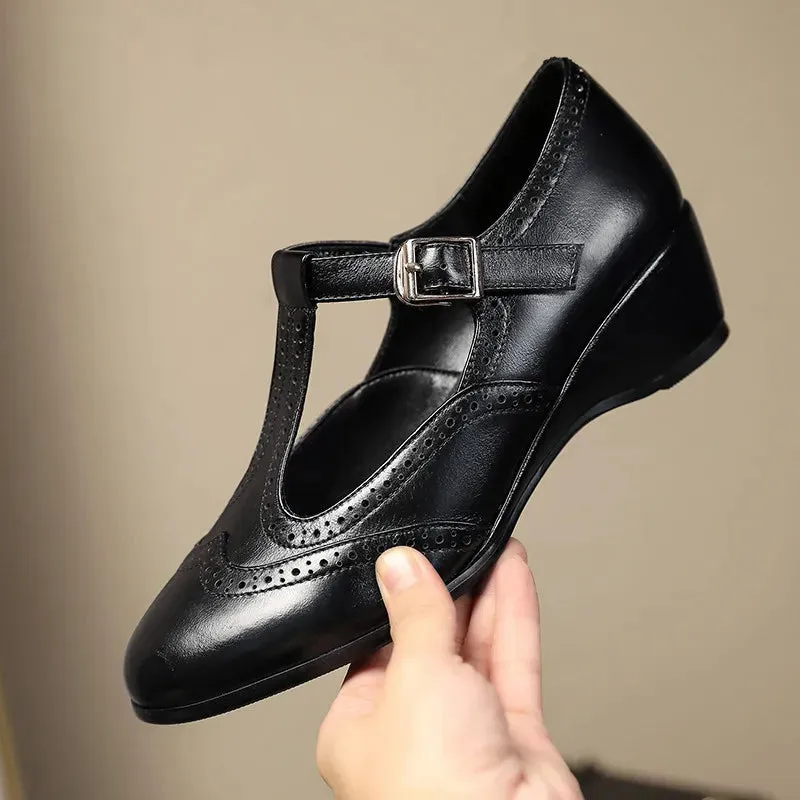 binfenxie  -  PU Leather Wedges Shoes for Women 2024High Heels Pointed Toe Elegant Female Shoes T Strap Casual Ladies Shoes on Offer New