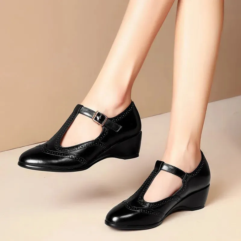 binfenxie  -  PU Leather Wedges Shoes for Women 2024High Heels Pointed Toe Elegant Female Shoes T Strap Casual Ladies Shoes on Offer New