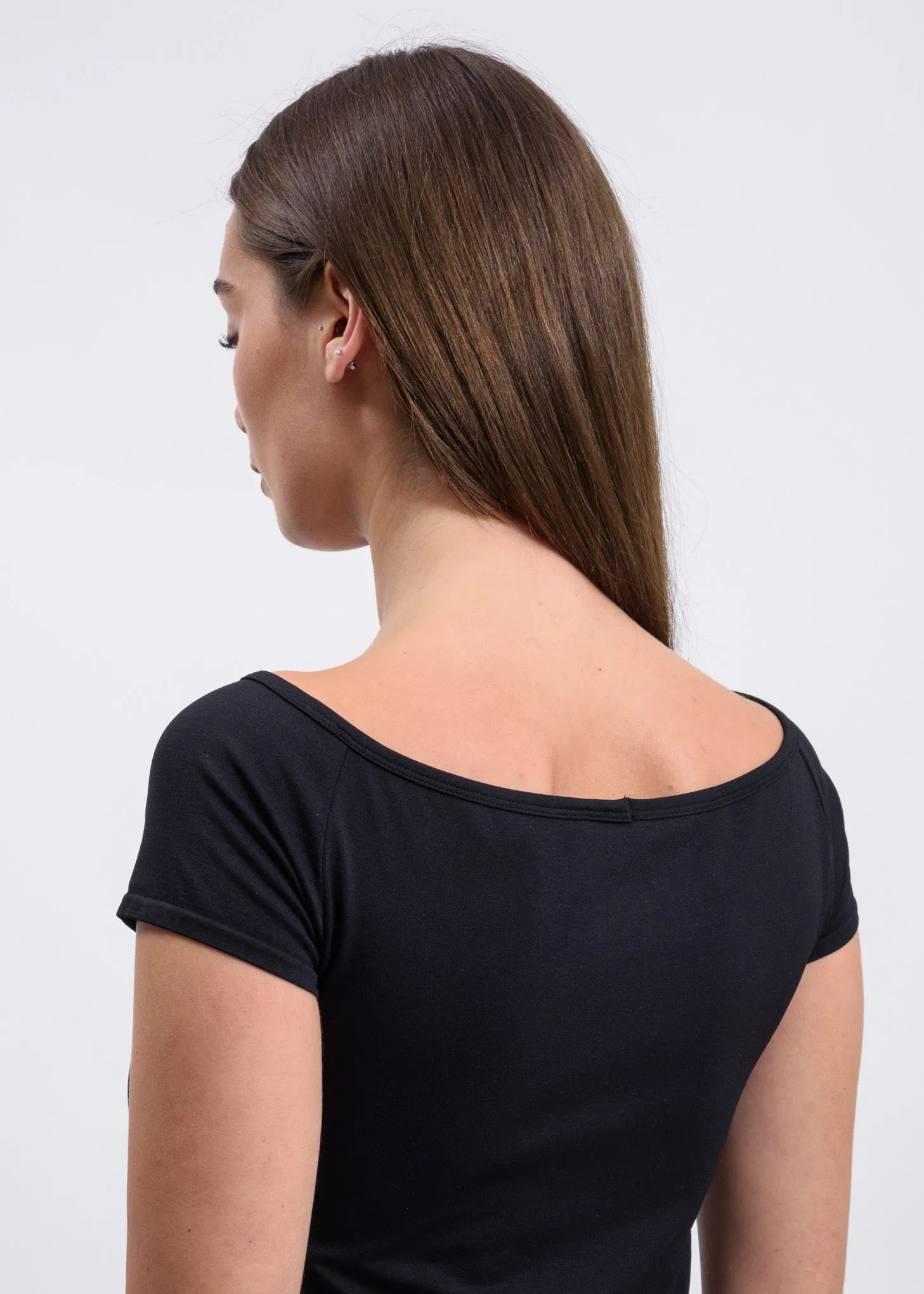 Black Open Boat Neck T-Shirt
