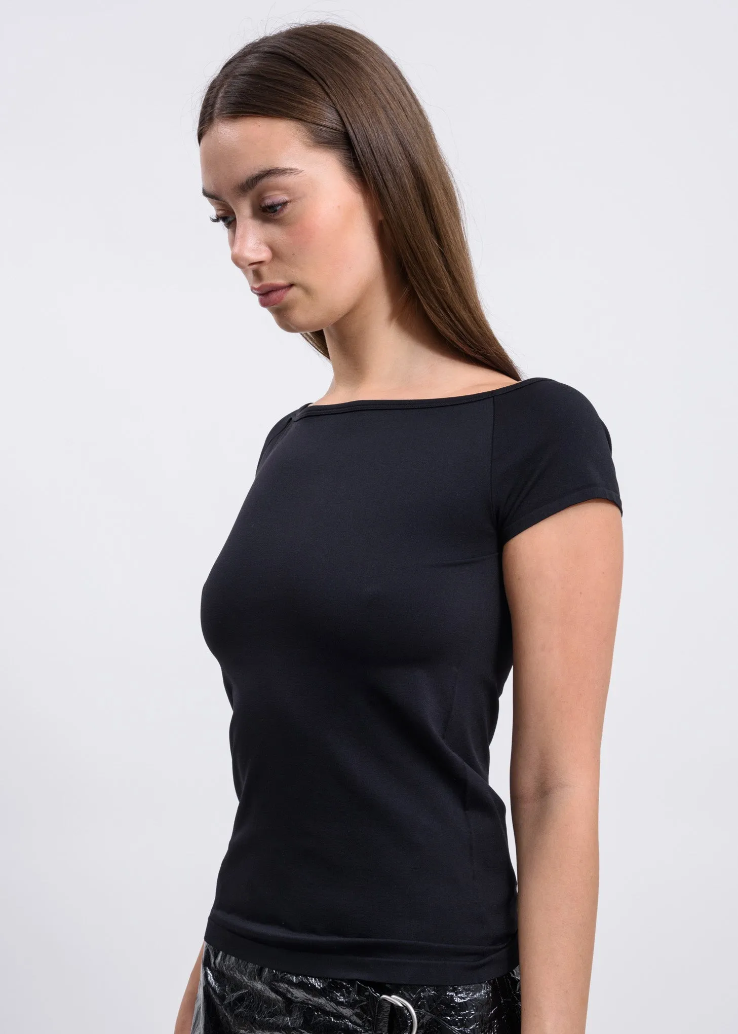 Black Open Boat Neck T-Shirt