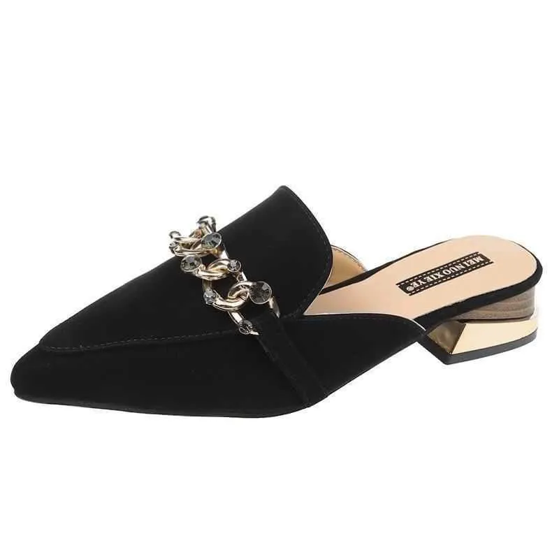 Finn Chain Pointed Toe Mule Spring Closed Toe Half Slippers Women's Low Heel Pointed-Toe Mules Shoes