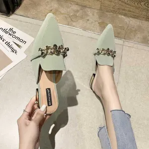 Finn Chain Pointed Toe Mule Spring Closed Toe Half Slippers Women's Low Heel Pointed-Toe Mules Shoes