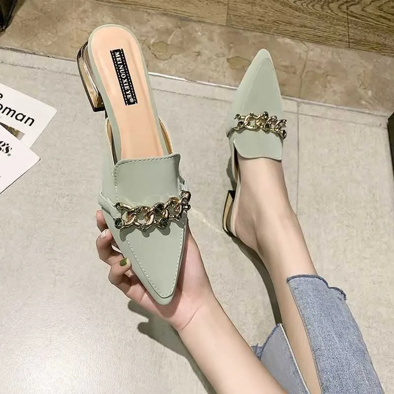 Finn Chain Pointed Toe Mule Spring Closed Toe Half Slippers Women's Low Heel Pointed-Toe Mules Shoes
