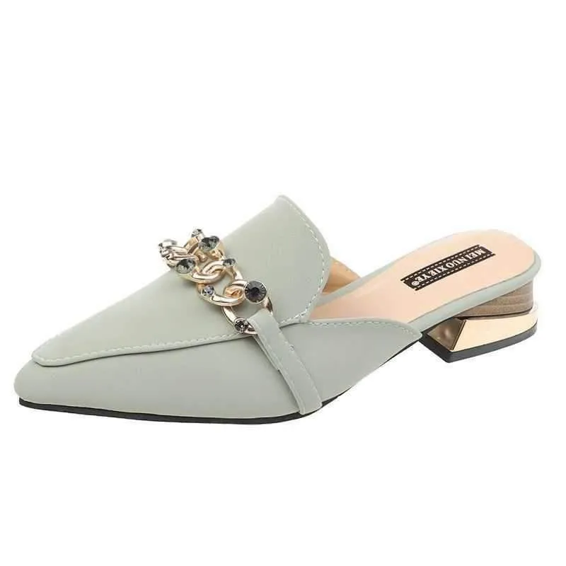 Finn Chain Pointed Toe Mule Spring Closed Toe Half Slippers Women's Low Heel Pointed-Toe Mules Shoes
