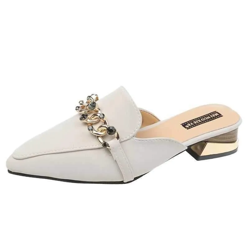 Finn Chain Pointed Toe Mule Spring Closed Toe Half Slippers Women's Low Heel Pointed-Toe Mules Shoes