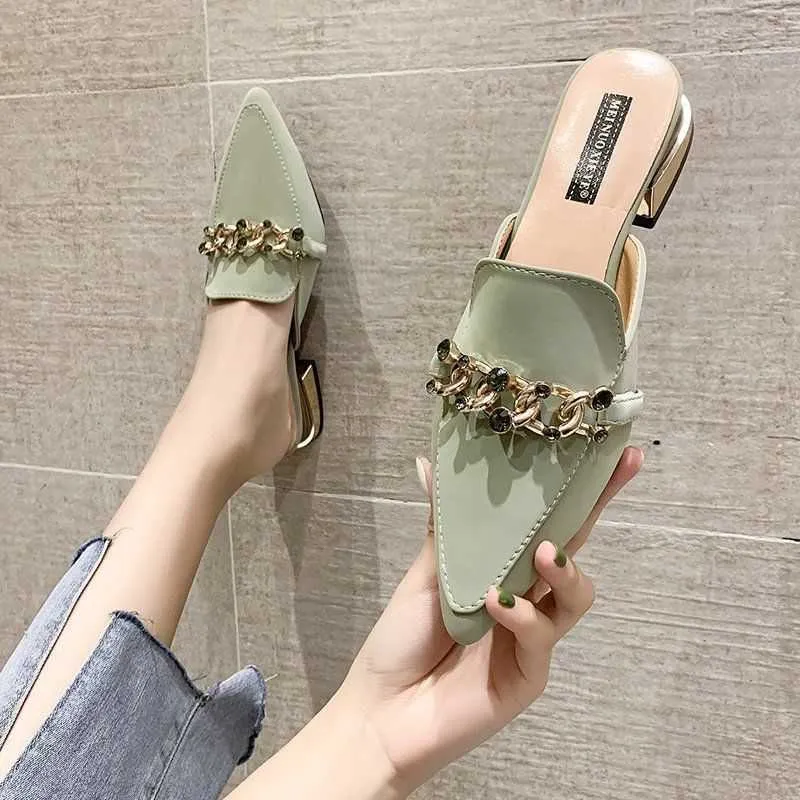 Finn Chain Pointed Toe Mule Spring Closed Toe Half Slippers Women's Low Heel Pointed-Toe Mules Shoes