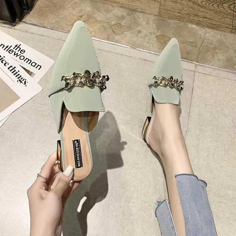 Finn Chain Pointed Toe Mule Spring Closed Toe Half Slippers Women's Low Heel Pointed-Toe Mules Shoes