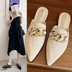Finn Chain Pointed Toe Mule Toe Cap Semi Slipper Spring Metal Chain Pointed-Toe Slippers Women's Low Heel Mules Shoes