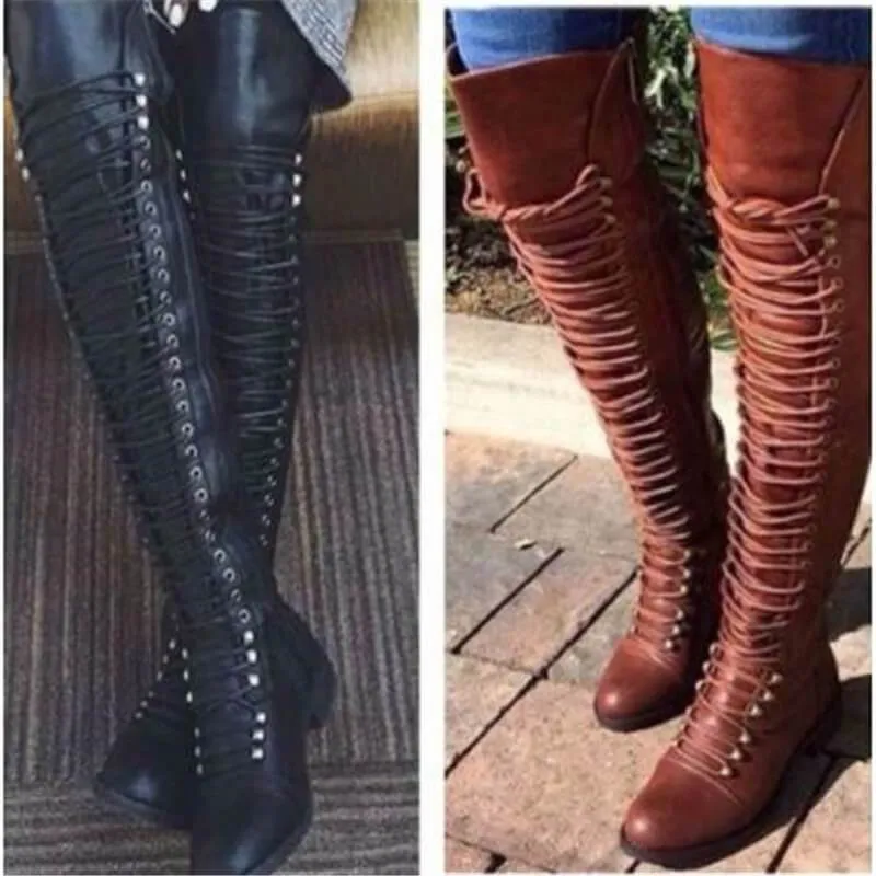 Leather Low Heel Lace Up Over Knee Boots