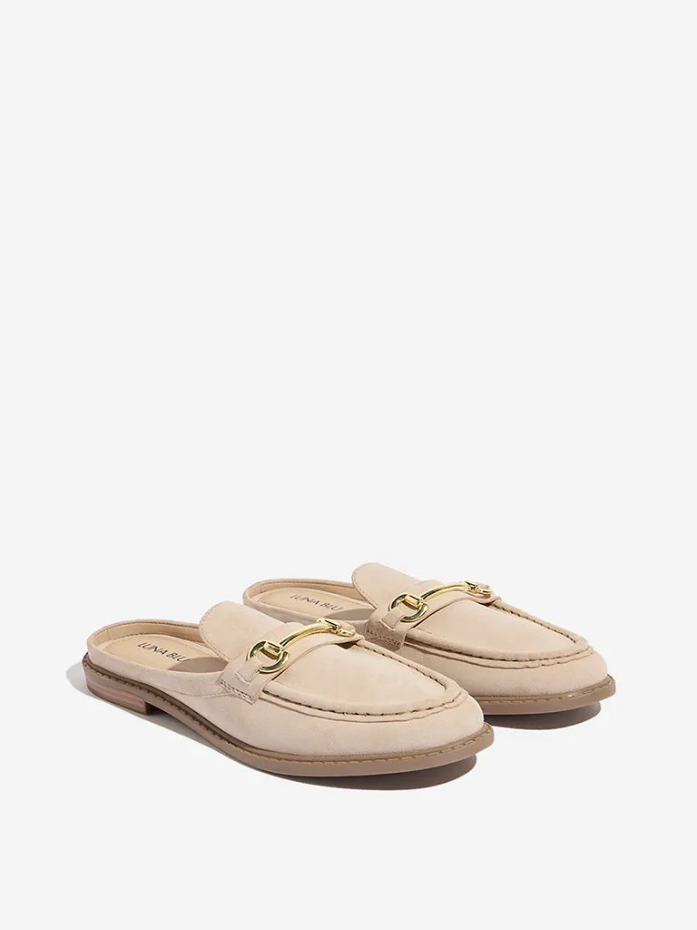 LUNA BLU Beige Chain-Detailed Faux-Suede Mule Shoes