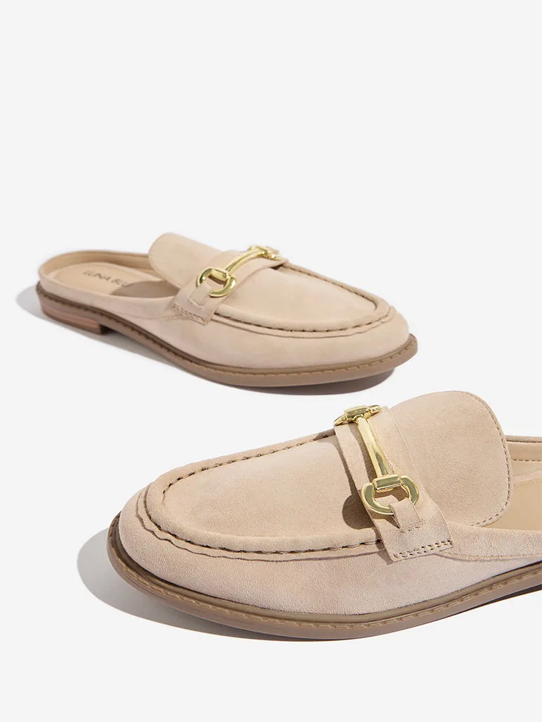 LUNA BLU Beige Chain-Detailed Faux-Suede Mule Shoes