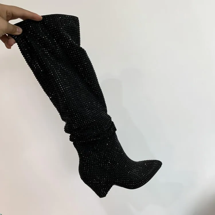 Party Rhinestone Point Toe Wedge Knee High Boots