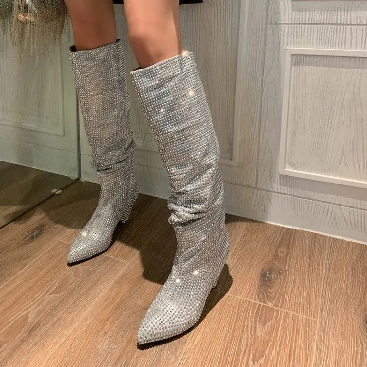 Party Rhinestone Point Toe Wedge Knee High Boots