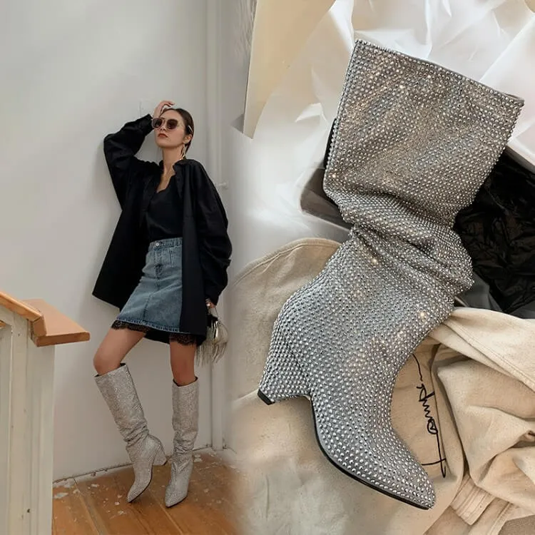 Party Rhinestone Point Toe Wedge Knee High Boots