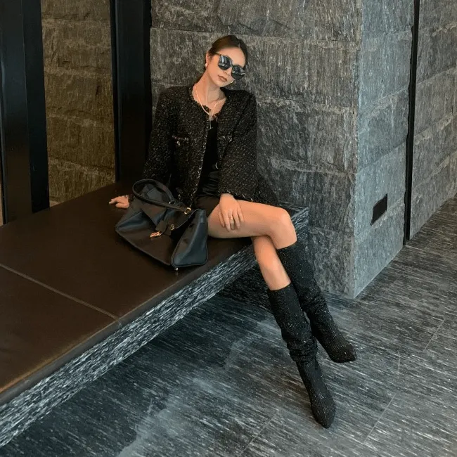 Party Rhinestone Point Toe Wedge Knee High Boots