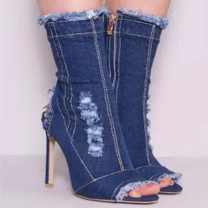 Peep Toe High Heel Denim Calf Boots