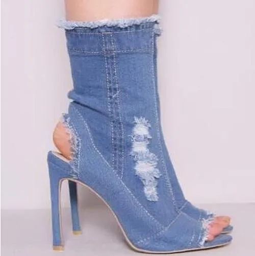Peep Toe High Heel Denim Calf Boots