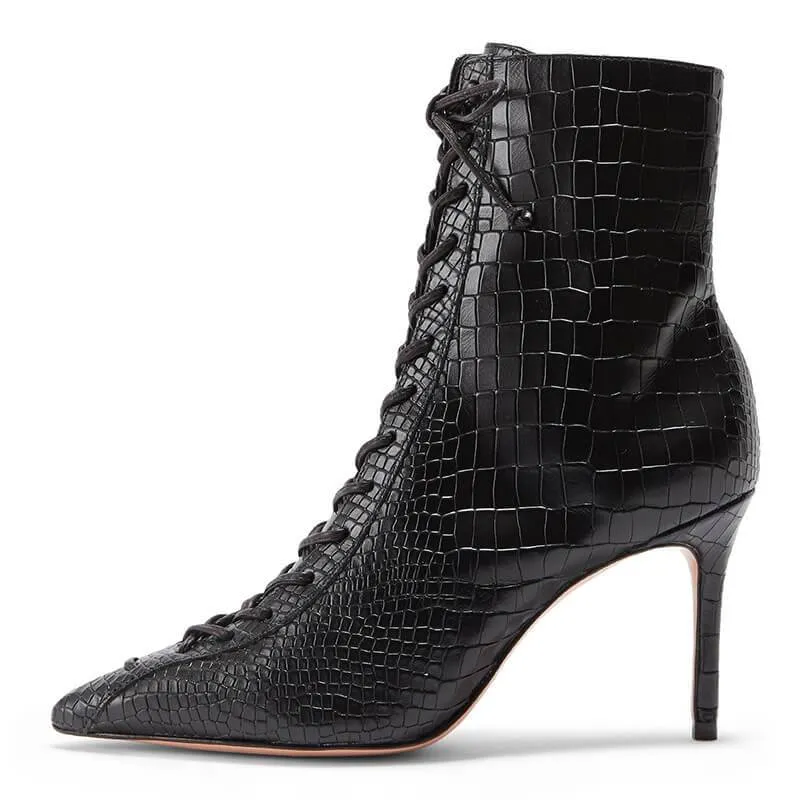 Sexy PU Snakeskin Point Toe Strap High Heel Ankle Boots