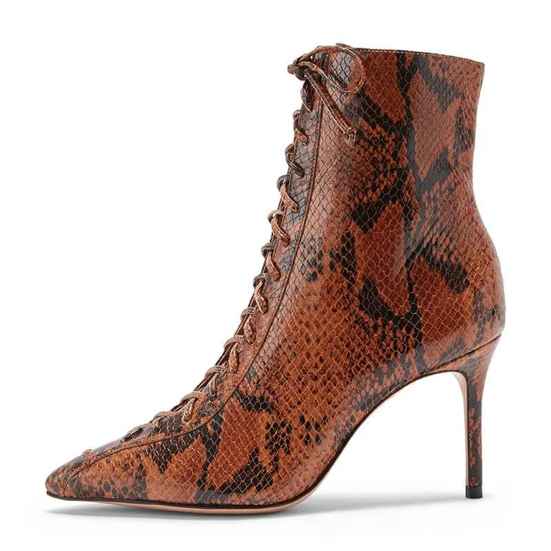 Sexy PU Snakeskin Point Toe Strap High Heel Ankle Boots
