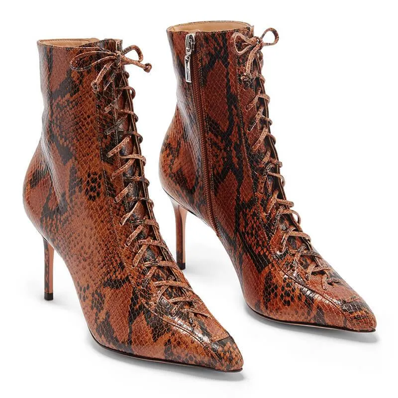 Sexy PU Snakeskin Point Toe Strap High Heel Ankle Boots