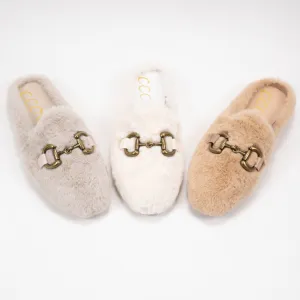VINTAGE METALLIC CHAIN DECOR FURRY MULE SLIDE